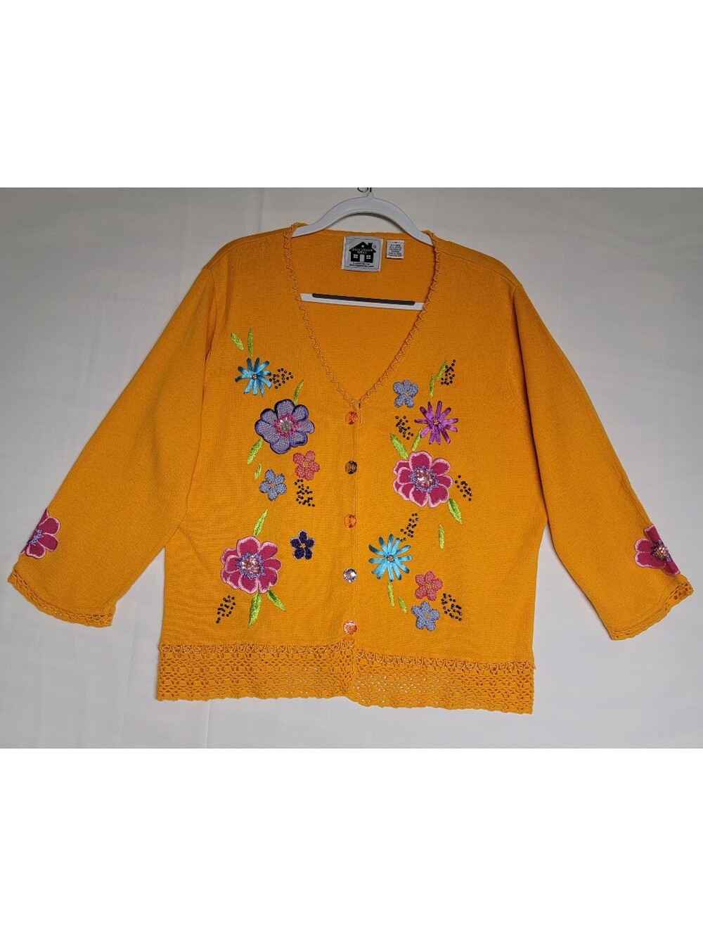 VINTAGE Storybook Knits Bright Blooms Floral Embroidered Knit Cardigan